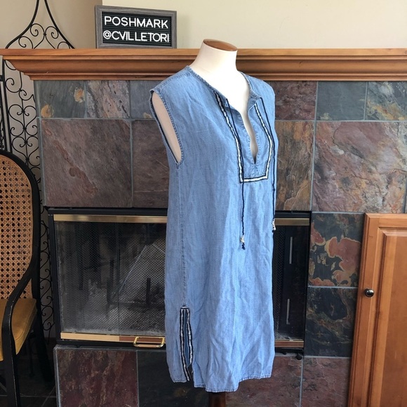 J. Crew Sleeveless Chambray Tassel Beach Tunic Split Notch Neckline XXS - Picture 3 of 7